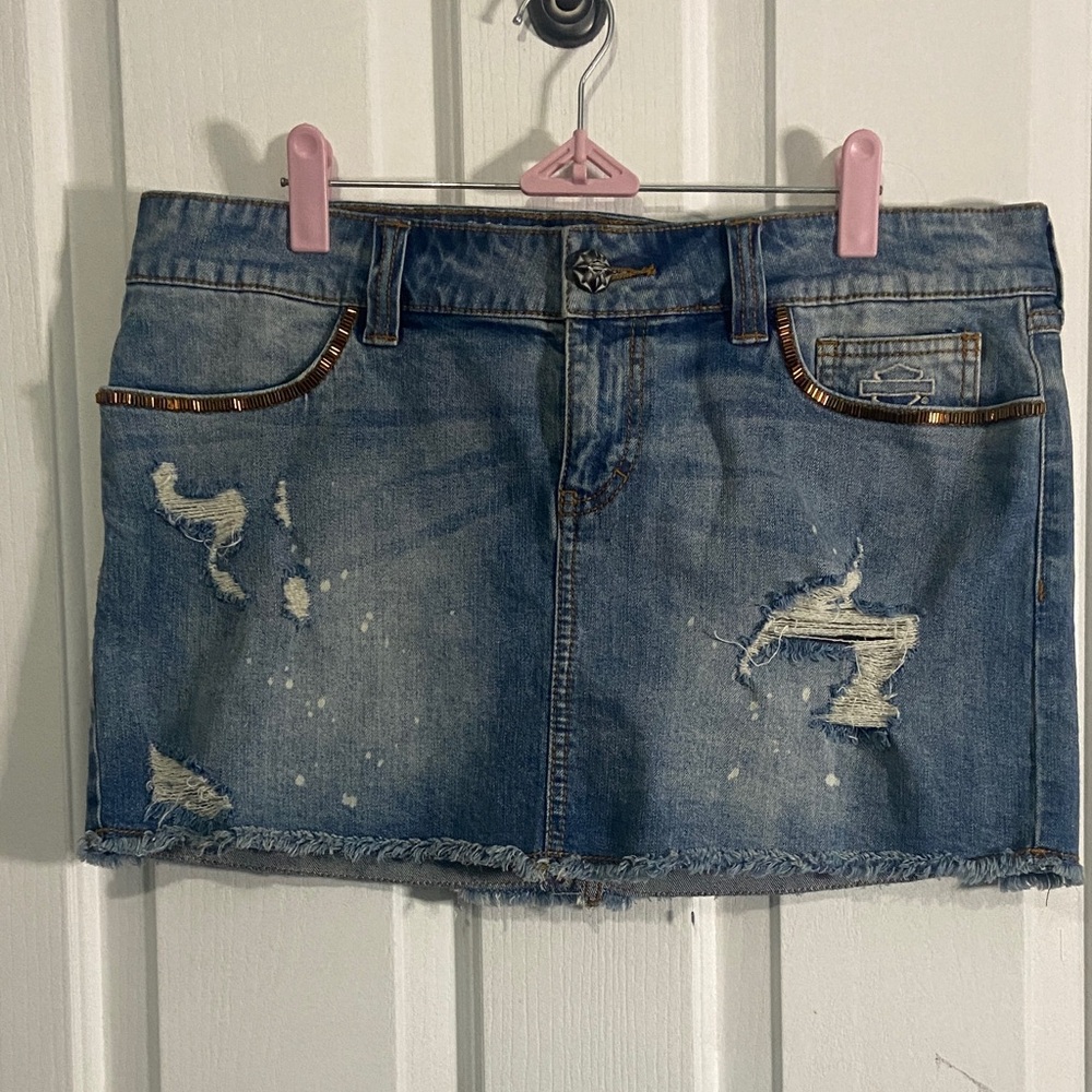 Harley-Davidson Distressed Light Blue Denim Mini Skirt